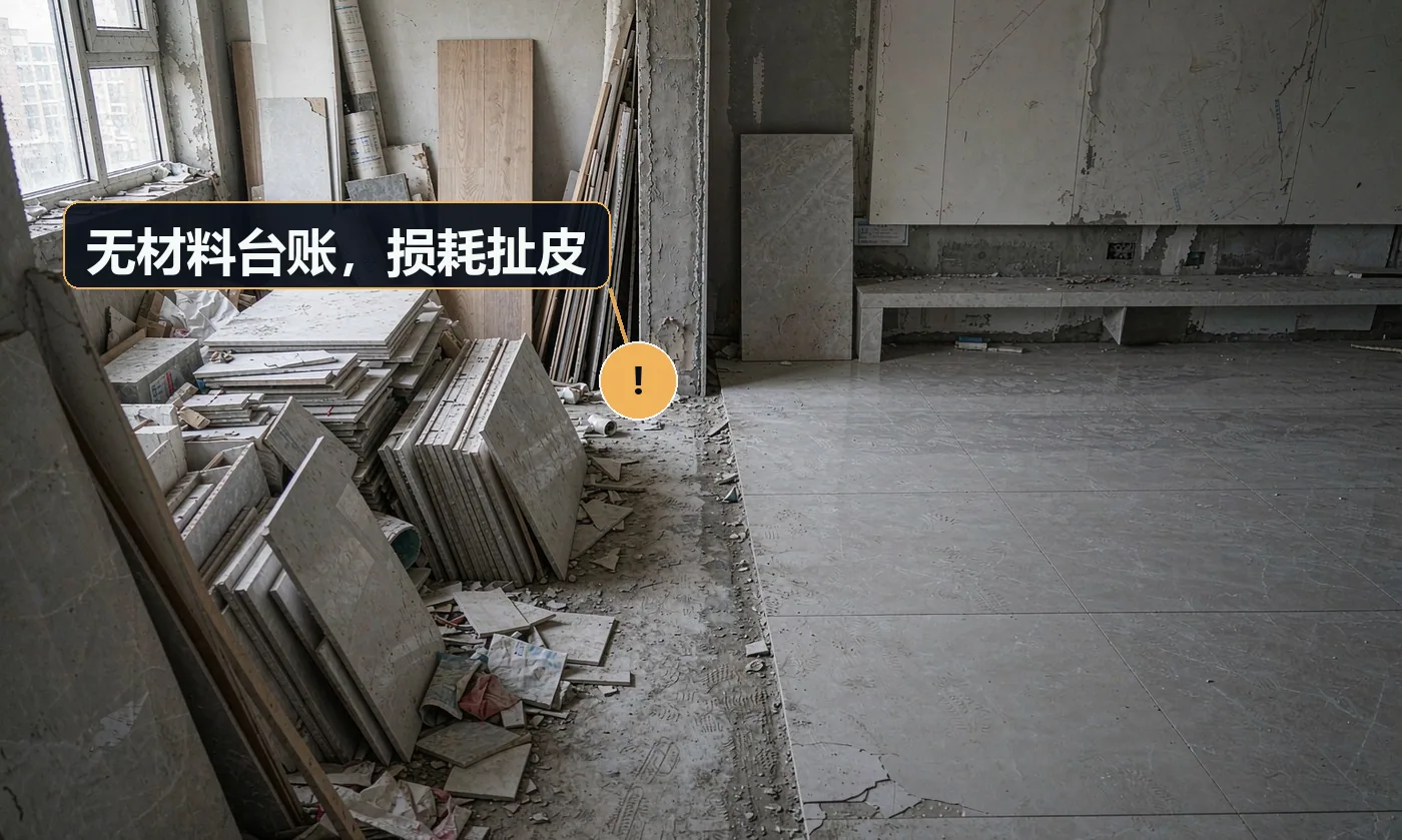 现象:干完发现材料少了一大批,业主怀疑工人拿走了。原因:领用无登记;损耗率无约定;废料未统一清点