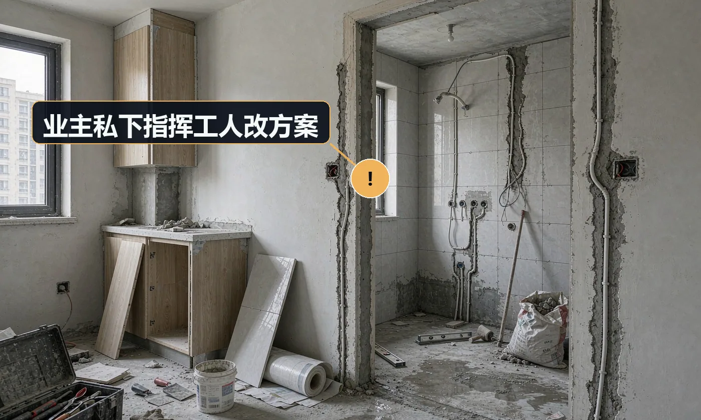 现象:业主直接跟工人说「这里给我改一下」,改完没人签字,结算扯皮。原因:无变更流程;工人直接对接业主;无书面确认机制