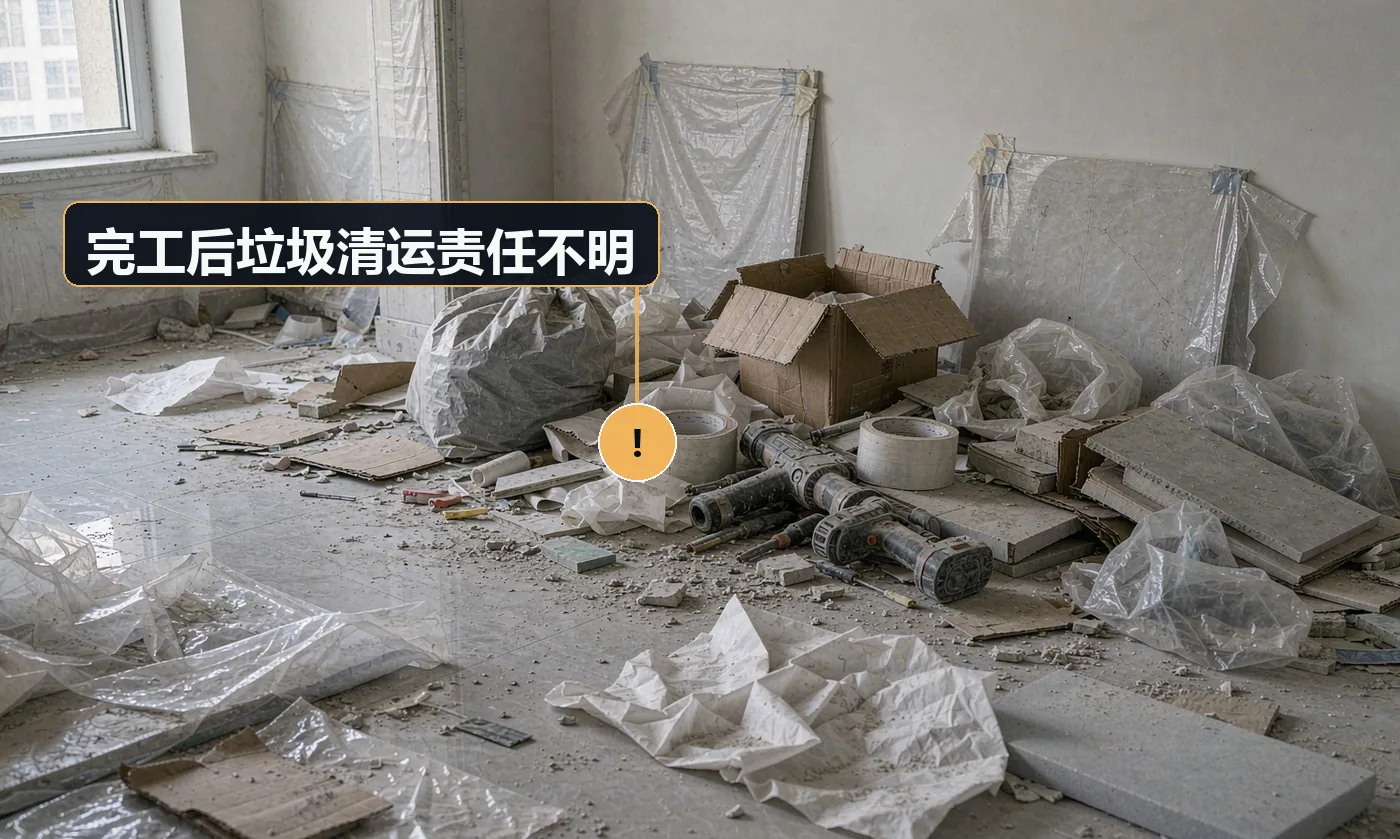 现象:干完人走了,一堆建筑垃圾堆在楼下,物业找业主,业主找你要钱。原因:合同未约定垃圾清运与消纳责任;无清运单据