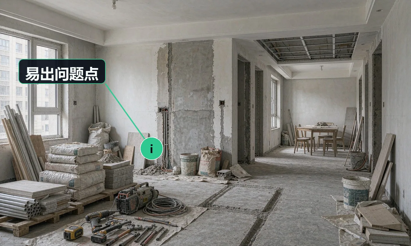 易出问题点:材料延误导致工期一拖再拖,工人闲置成本自担;责任界定不清,出了问题业主与施工方互相推