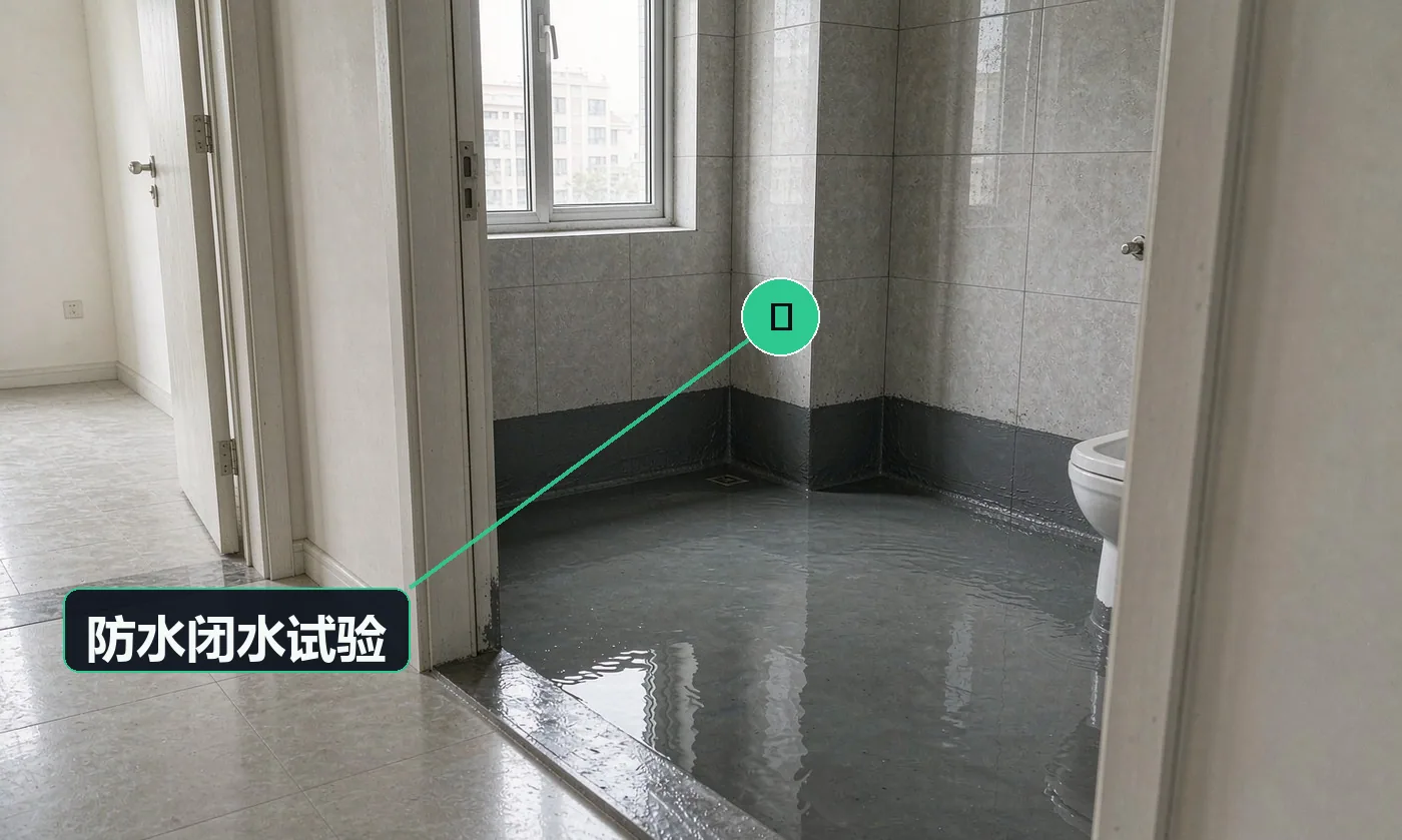 检查方式:防水施工完成后蓄水 48 小时。合格标准:48h 后水位无下降,楼下对应部位无渗漏(并请楼下确认)