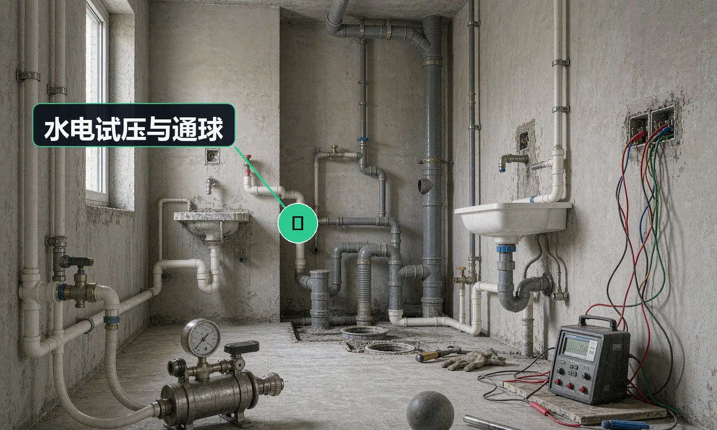 检查方式:水管打压泵试压、排水通球试验、电气绝缘电阻测试。合格标准:给水管试压合格、排水通球顺畅、绝缘电阻符合 GB 50303-2015