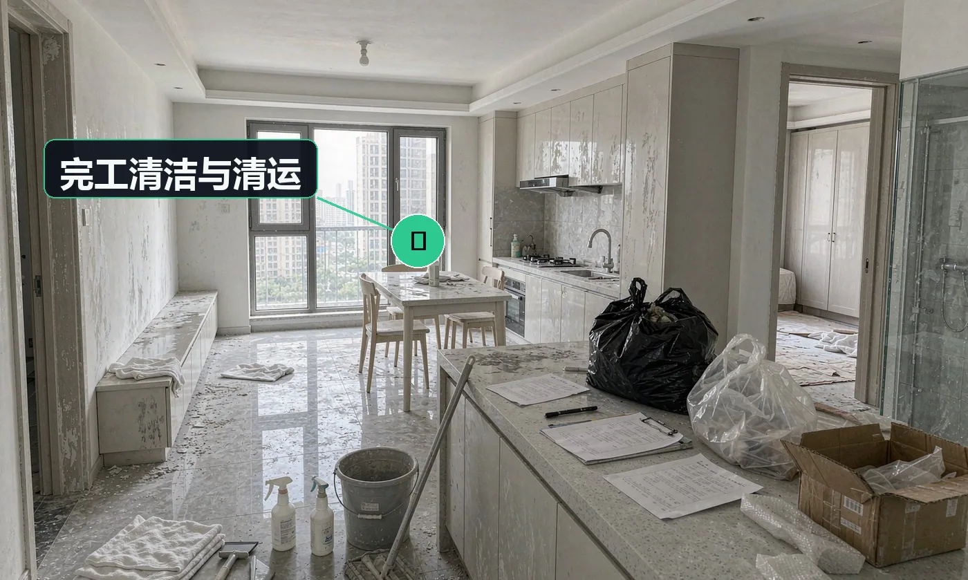 检查方式:现场目视 + 白布擦拭 + 清运单据核对。合格标准:无粉尘残留、无建筑垃圾堆放,清运单据留存