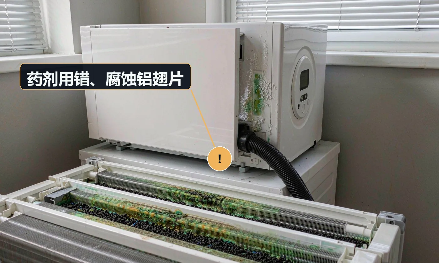 现象:翅片发白、倒伏、脱落,制冷 / 制热效果明显下降。原因:使用强碱或强酸类清洁剂(含烧碱、草酸)直接清洗铝制翅片