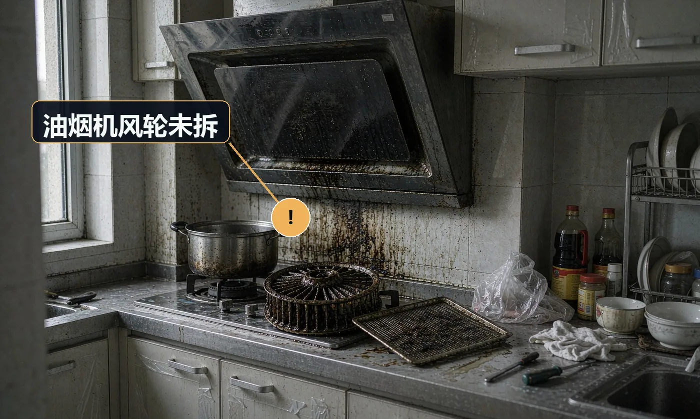 现象:外壳锃亮,风轮与油网仍是厚油垢,吸力毫无改善。原因:风轮拆卸麻烦、耗时,师傅选择跳过