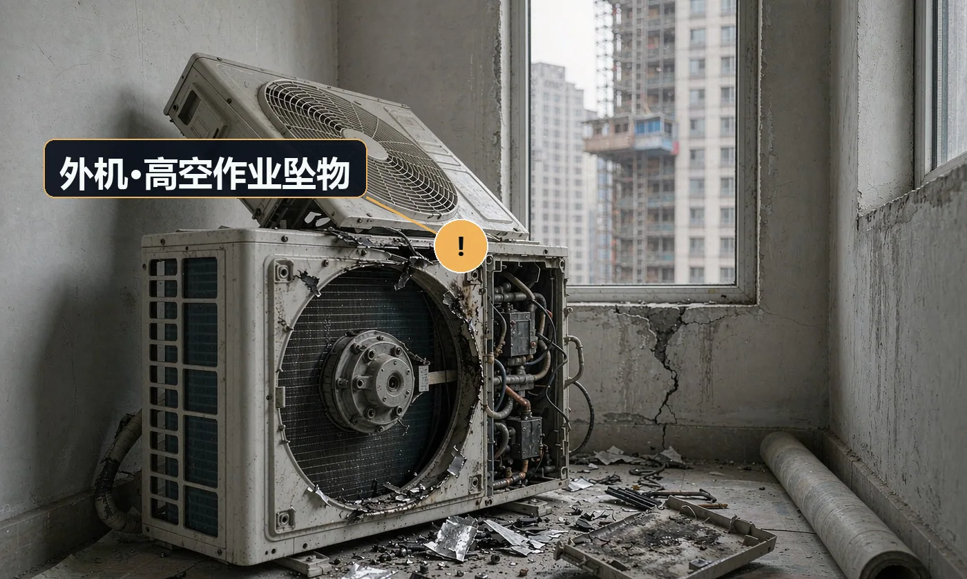 现象:支架松动、工具或部件坠落,砸坏物品甚至伤人。原因:无高空作业资质与防护;支架锈蚀未事前检查