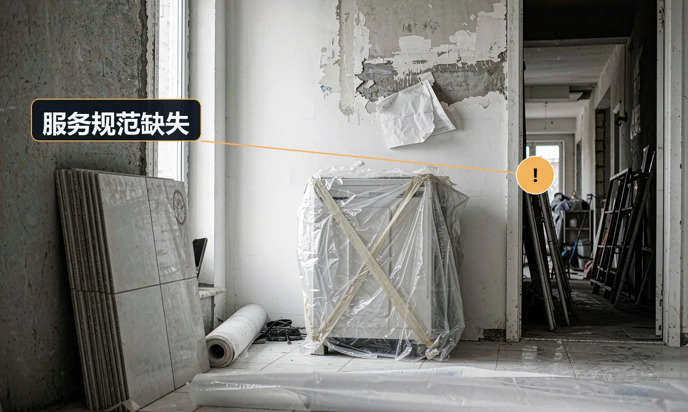 现象:客户家里留下水渍、油点、脚印,走时垃圾未带走。原因:无上门服务 SOP,或师傅个人习惯差异大