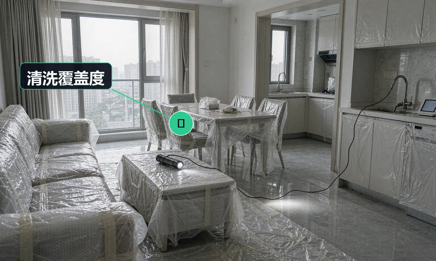 检查方式:强光手电 + 工业内窥镜。合格标准:拆洗件(风轮 / 油网 / 蒸发器 / 内筒)无可见油垢与霉斑,与清洗前照片对比明显