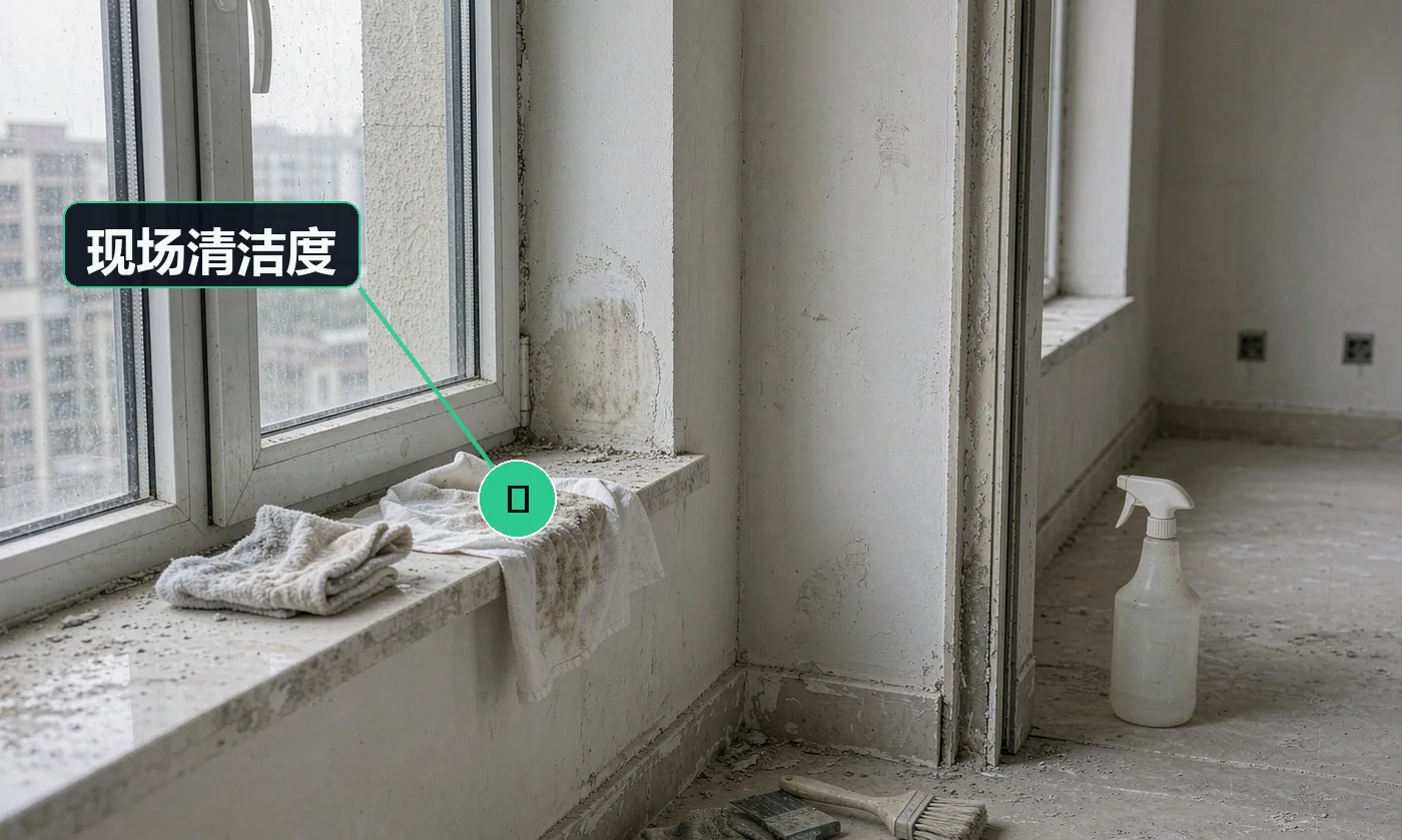 检查方式:目视 + 白布擦拭。合格标准:地面无污渍水痕,台面无残留,垃圾全部带走