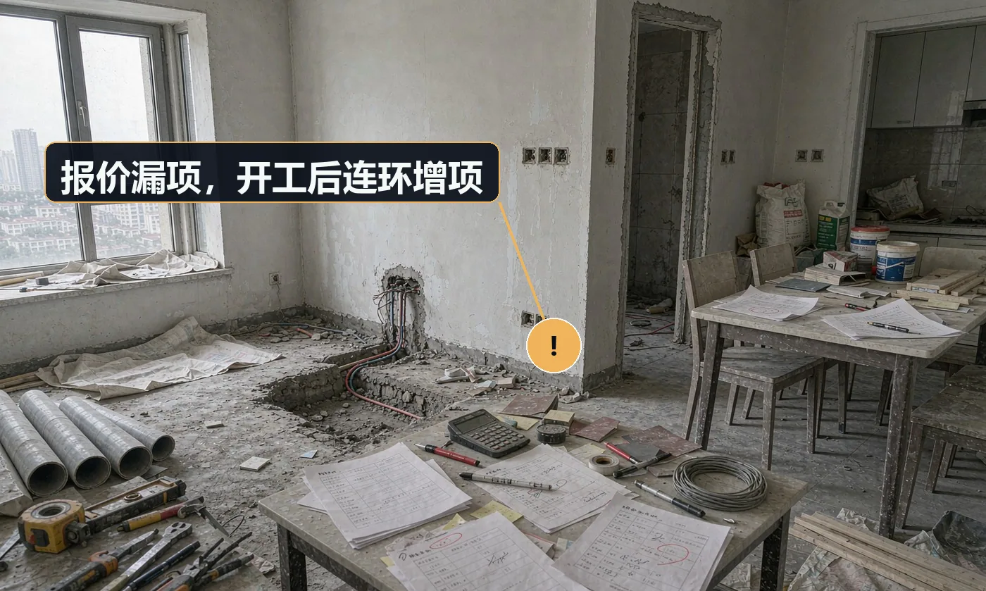现象:签的时候说全包不用再加钱,开工后一项接一项往外冒。原因:报价单漏防水、找平、拆改、垃圾清运、五金等易漏项;用「等」「其他」含糊带过;低价签单后期补