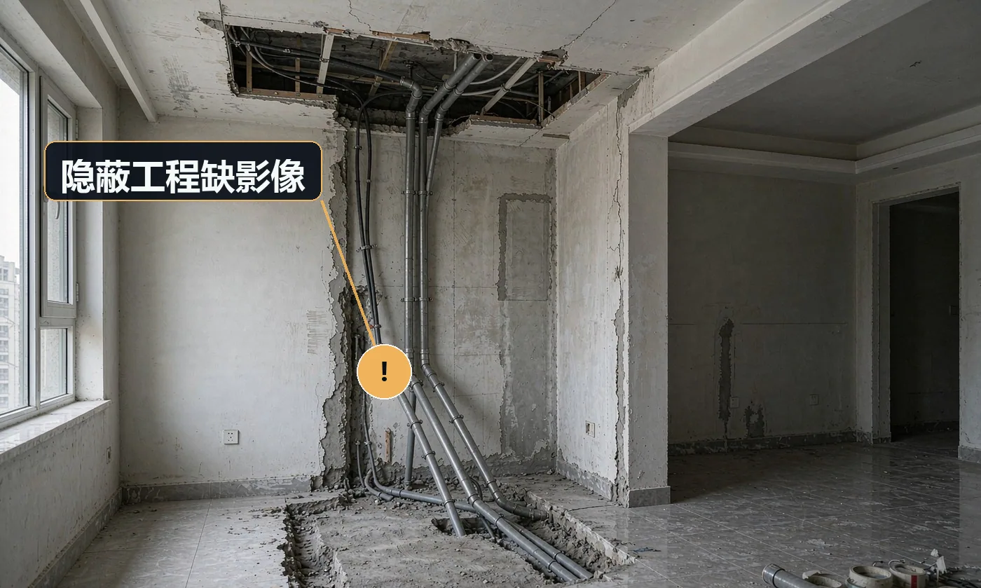 现象:入住后渗水、跳闸,砸开才发现问题,责任扯不清。原因:水电防水无影像存档;无闭水 / 试压记录;无隐蔽验收签字