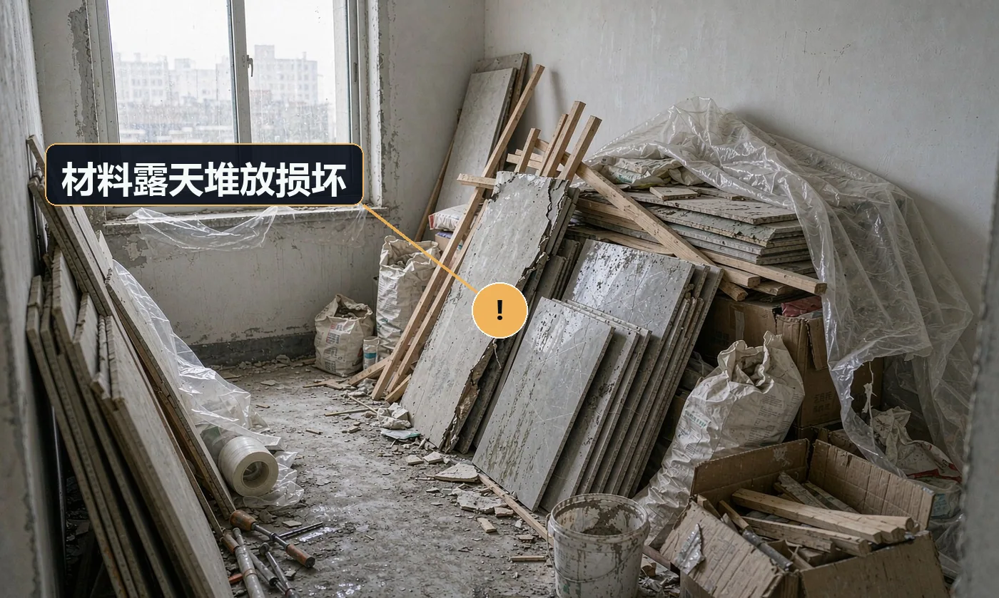 现象:水泥受潮结块、板材淋雨变形、砖被压碎一堆。原因:无仓储场地或堆放不规范;进场计划与施工节奏脱节;无防雨防潮措施