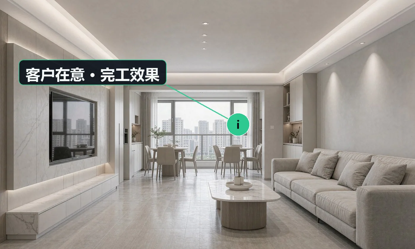 客户在意 · 完工效果:材料是什么品牌,能不能自己挑;报价含不含全部,会不会中途加钱