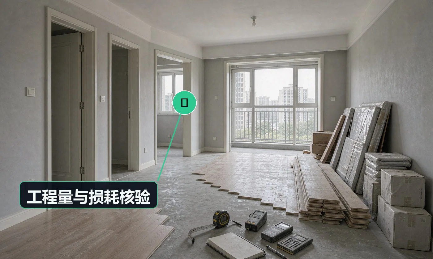 检查方式:按实测面积复核用量,对照公开损耗率区间。合格标准:损耗在约定区间内,余料退库或抵扣