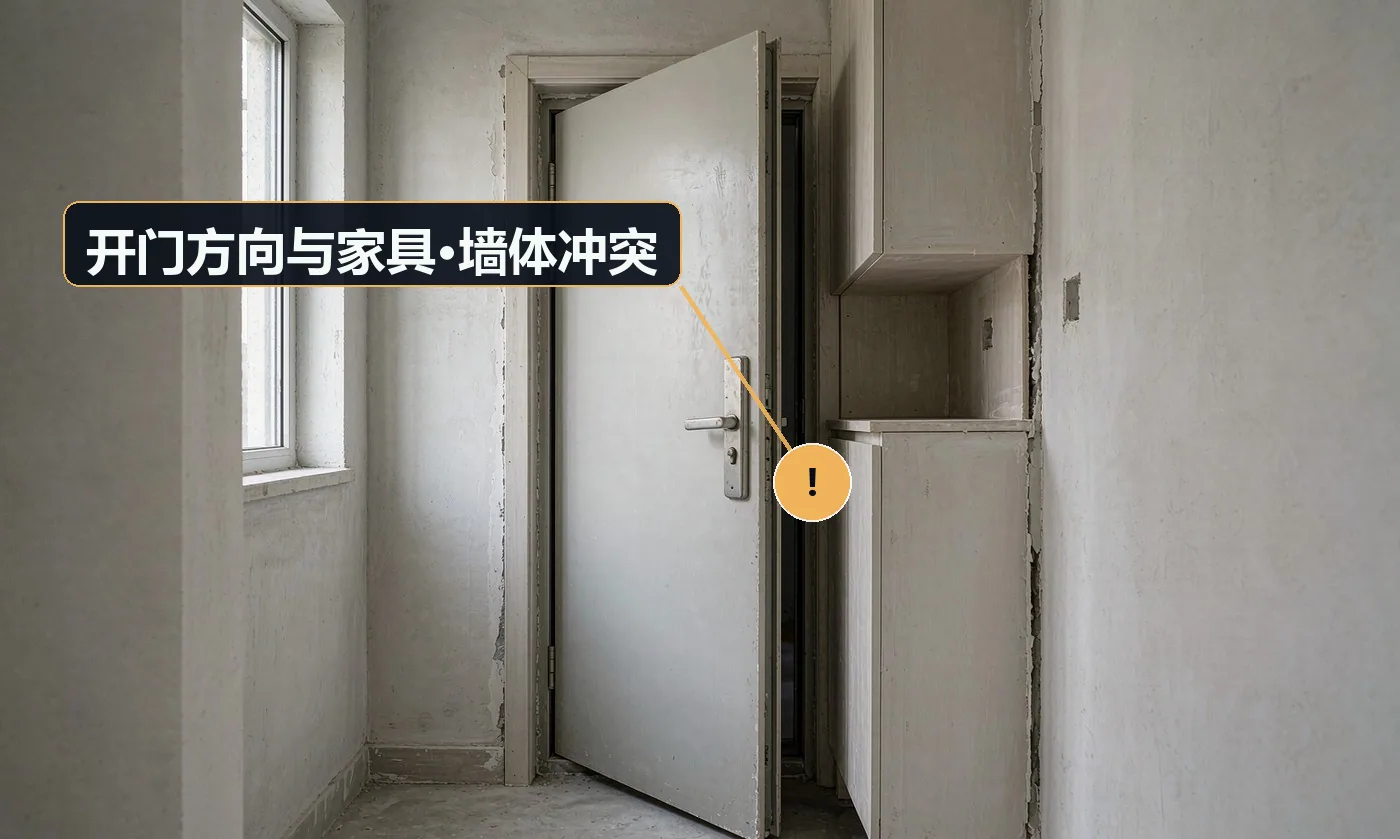 现象:门打开会撞到鞋柜、或挡住走道。原因:下单前未确认开启方向与门后空间;未核对门扇开启半径