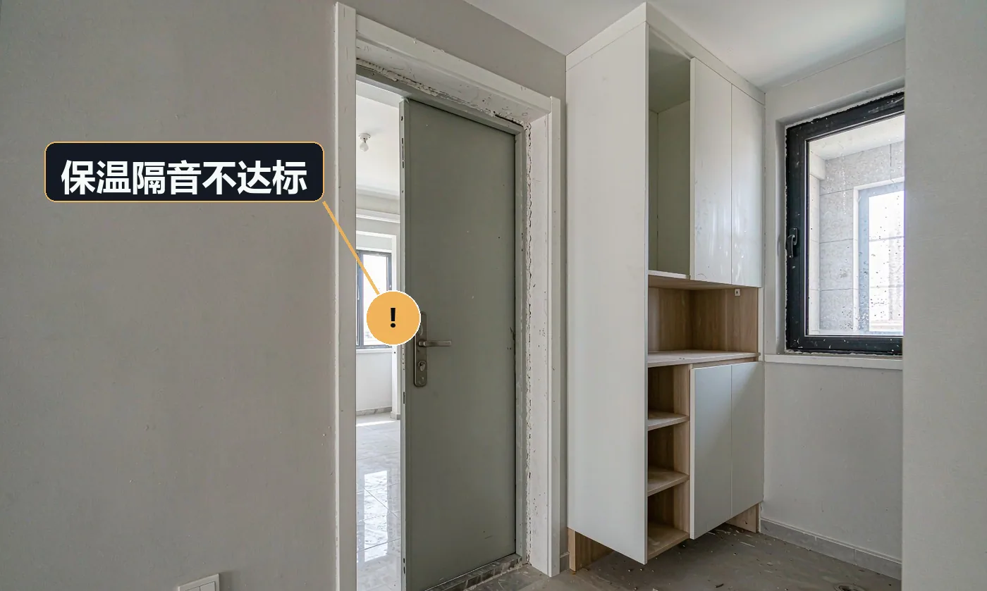 现象:入户后明显听到楼道脚步声,冬天门边有冷风。原因:门体填充材料差(蜂窝纸或空心);门框与墙体未填实;无密封设计