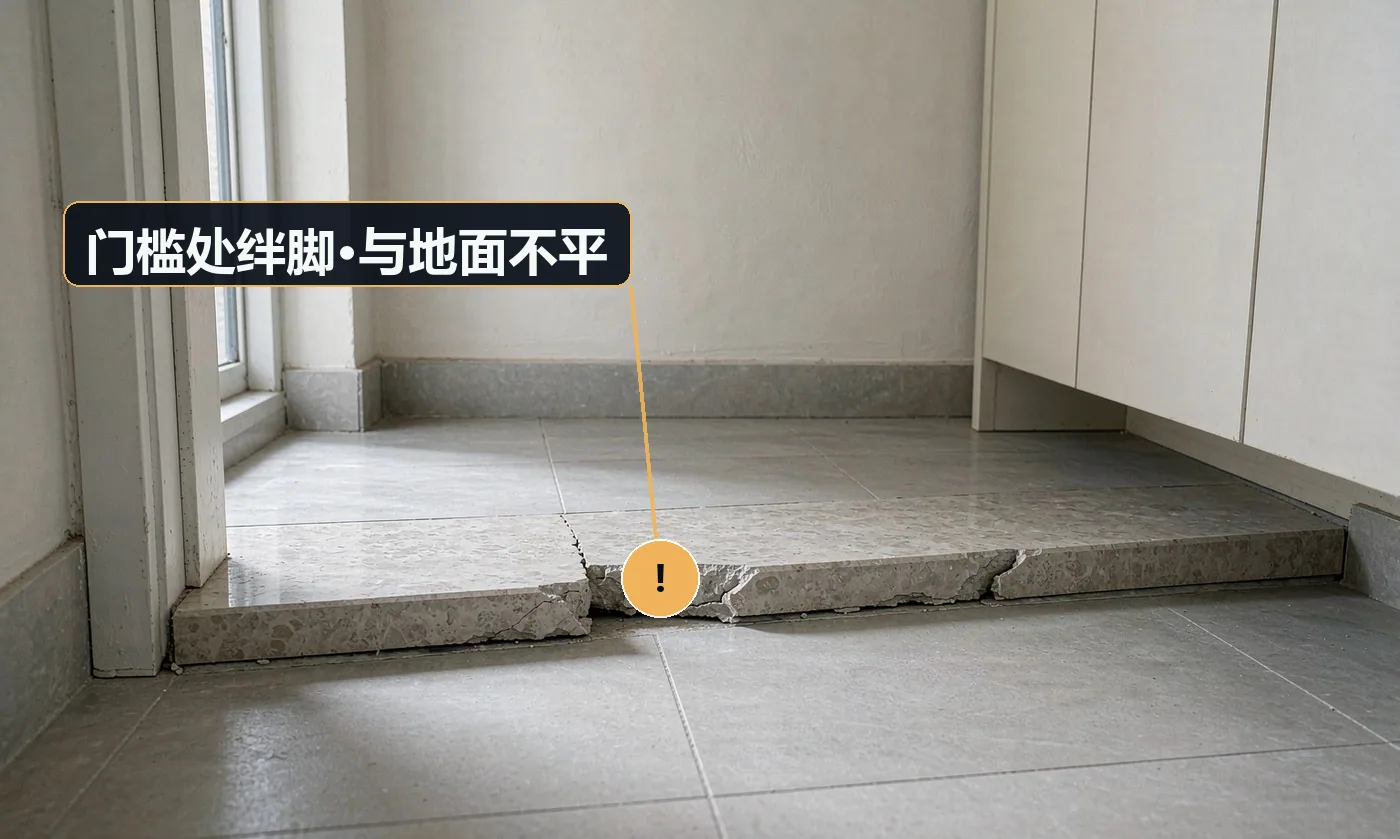 现象:进门处有明显台阶,容易绊倒。原因:门槛高度未与地面完成面标高对齐