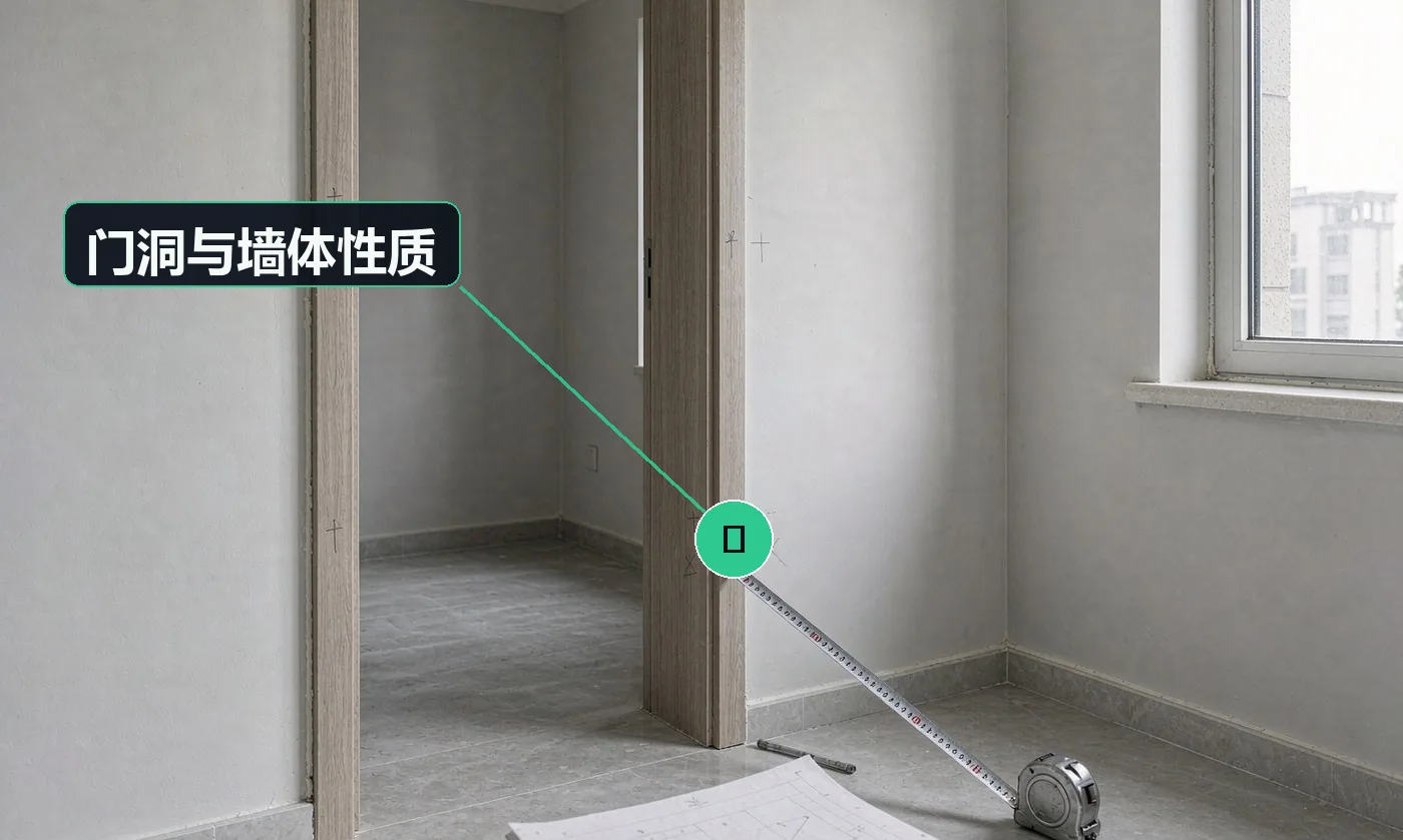 检查方式:钢卷尺实测(上中下三点)+ 图纸核对。合格标准:门洞净尺寸与订单一致;墙体性质明确,不涉及擅自拆改承重结构