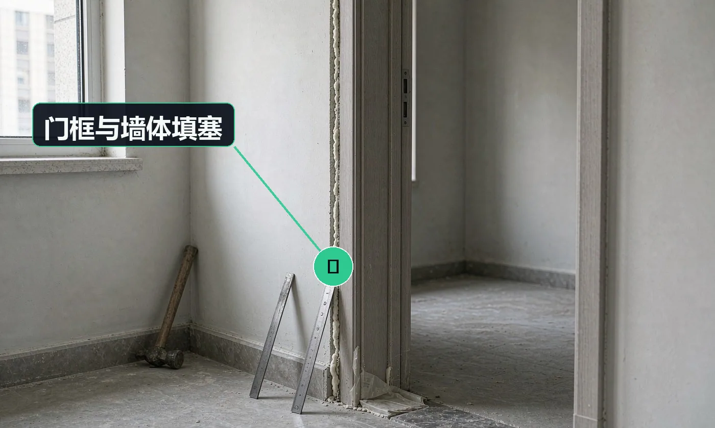 检查方式:目视 + 塞尺 + 手敲。合格标准:发泡胶饱满 + 水泥砂浆二次收口,无空鼓、无透缝