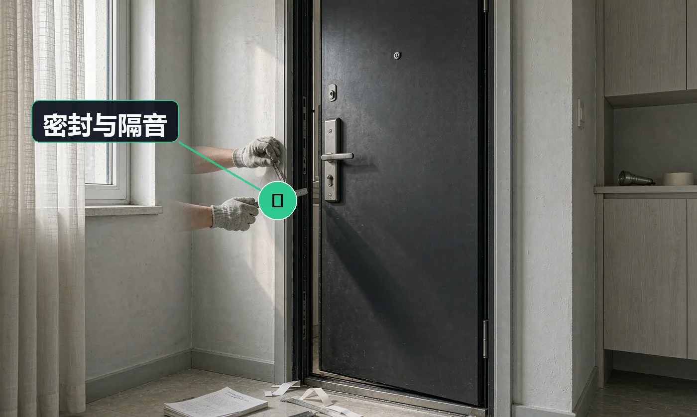 检查方式:目视 + 关门手感 / 漏风测试。合格标准:密封条四周连续贴合,关门后无明显漏风与缝隙