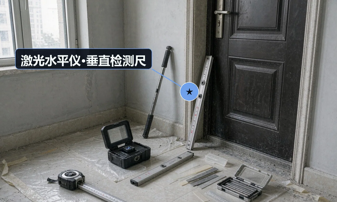 验收工具:激光水平仪;垂直检测尺