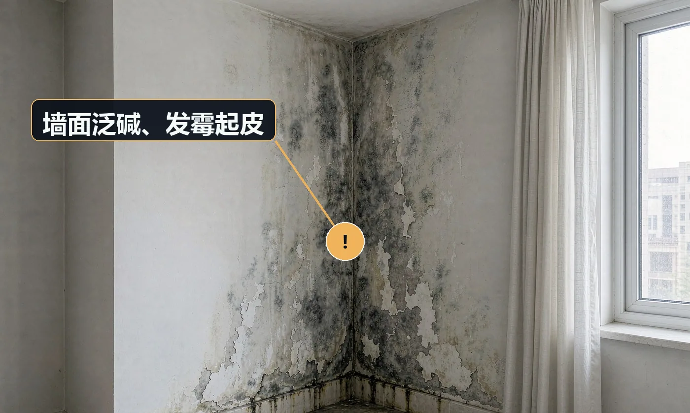 现象:墙角或窗边出现白色粉末、黑霉斑,漆膜鼓起脱落。原因:墙体渗水或防潮未做,水分从内部向外顶;未刷抗碱封闭底漆;房间长期潮湿不通风