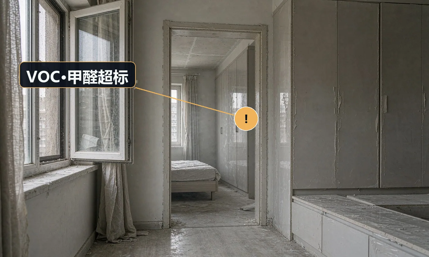 现象:刷完一周仍呛人、眼睛发涩,检测超标。原因:使用不符合 GB 18582-2020 的低价漆;腻子或胶水中含高 VOC
