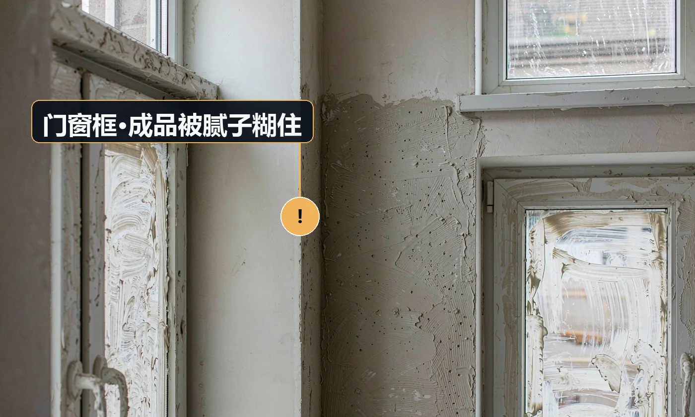 现象:腻子刮到铝窗框、门套上,硬化后难以清除。原因:未贴美纹纸保护;施工时未留边
