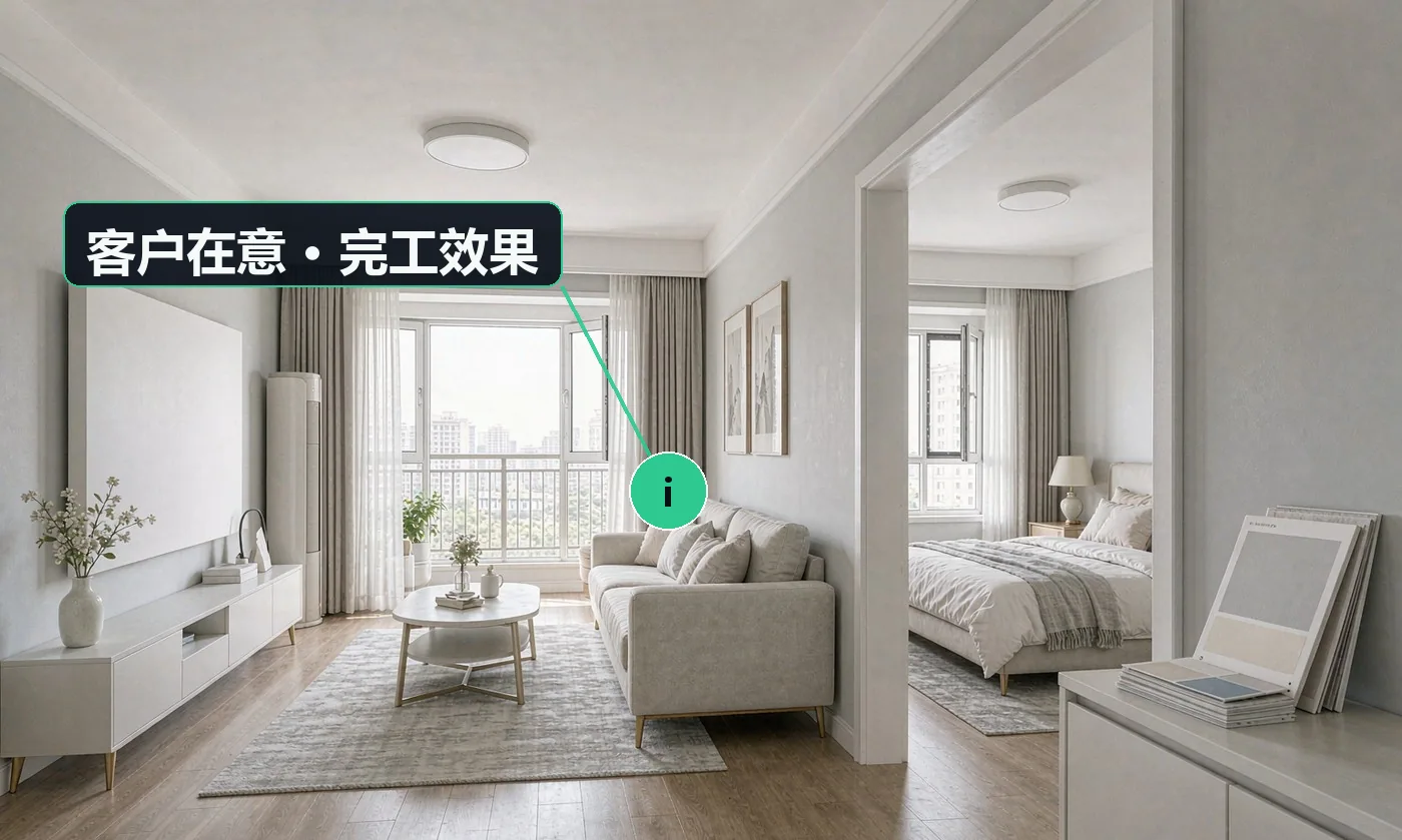 客户在意 · 完工效果:环保等级与气味,刷完多久能住人、要不要通风;颜色跟色卡一样吗、能不能先试一小块