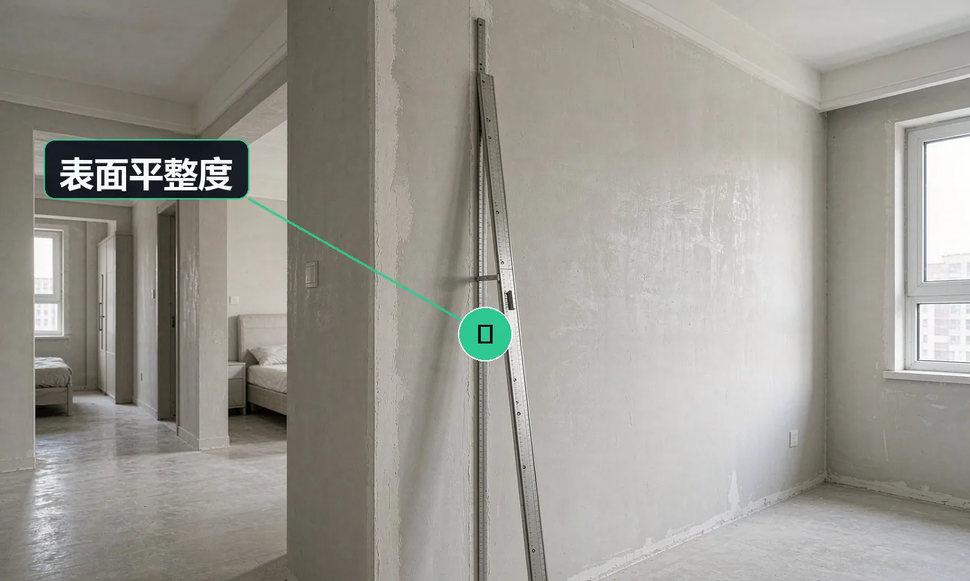 检查方式:2m 靠尺 + 塞尺。合格标准:允许偏差符合 GB 50210-2018 涂饰工程要求