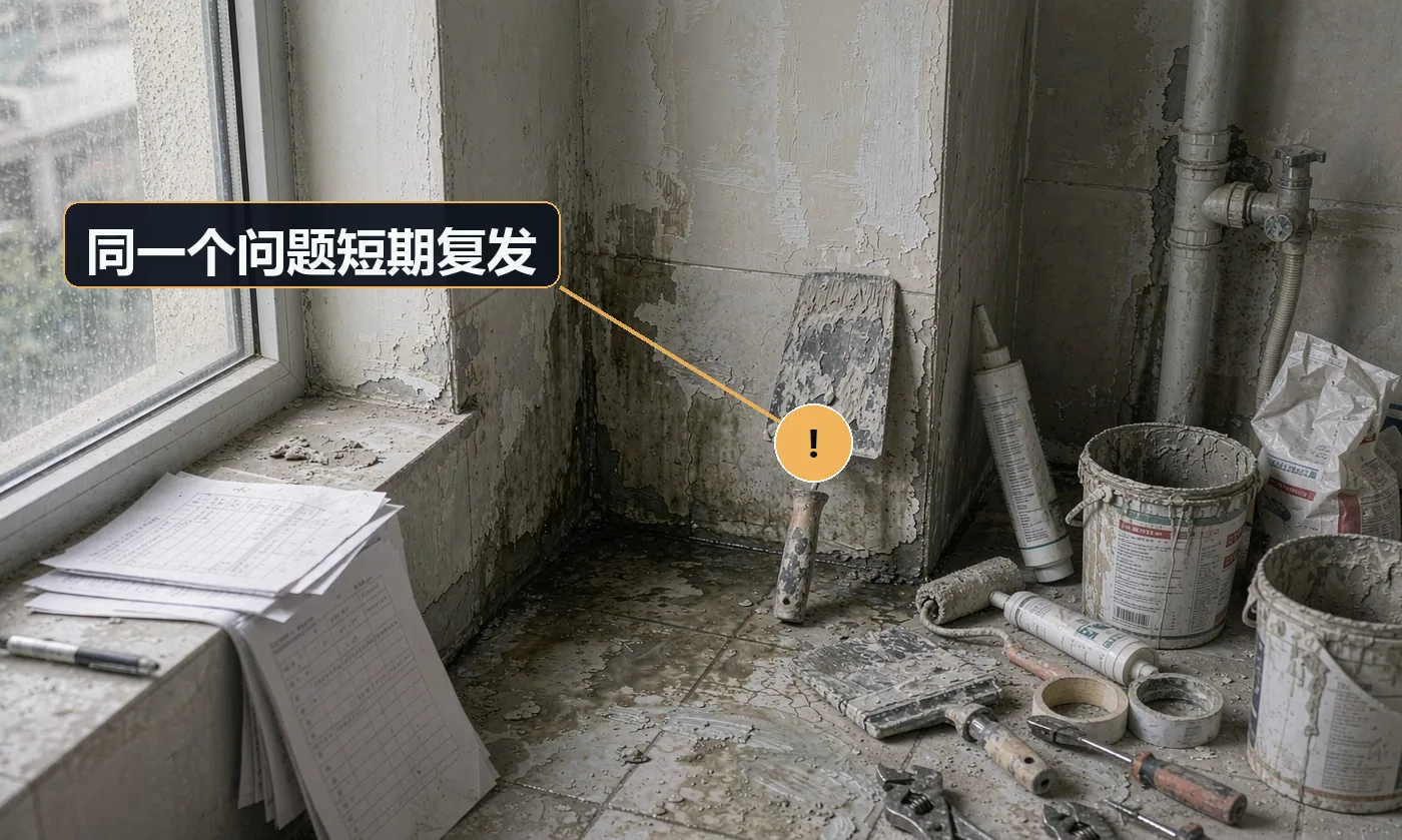 现象:修完两三天又坏了,客户认为是没修好。原因:只换表面件未查根因(如只通管道未找堵点、只换阀未查水压)