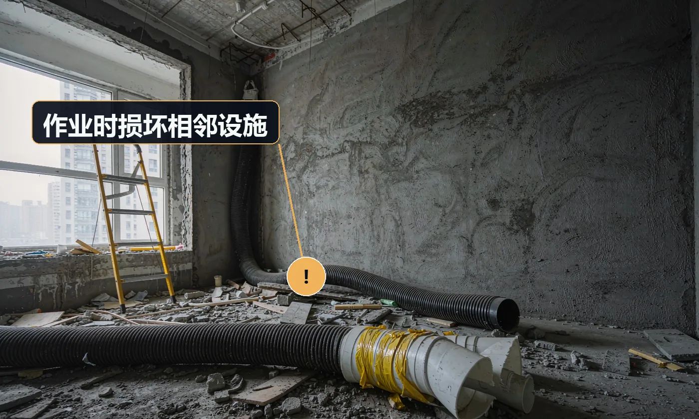 现象:换灯具时踩裂吊顶、疏通时掀翻地砖、钻孔打穿暗管。原因:未做成品保护;未探测墙内管线走向
