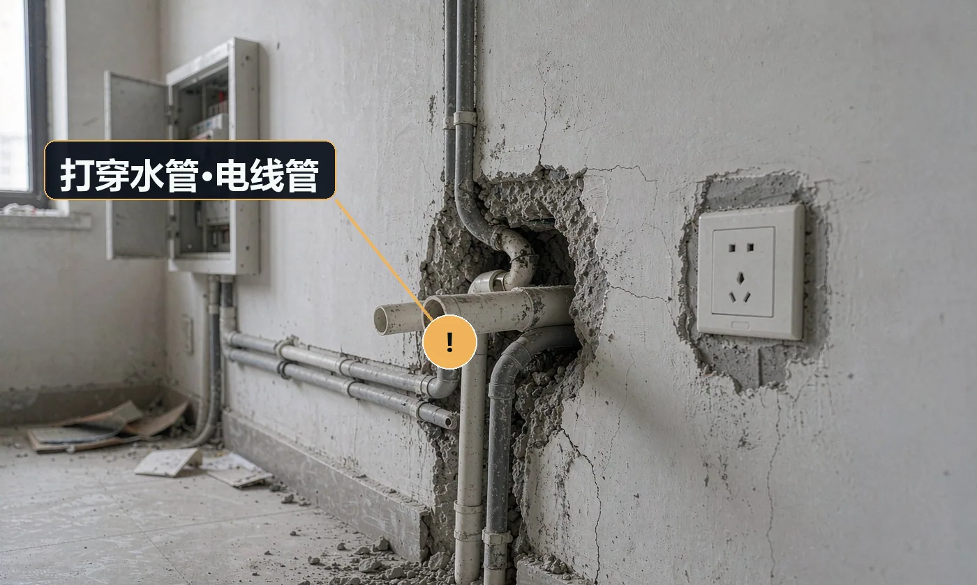 现象:装挂件打孔后墙里渗水,或整路跳闸。原因:凭经验判断管位,未做探测;老房管路无图可依