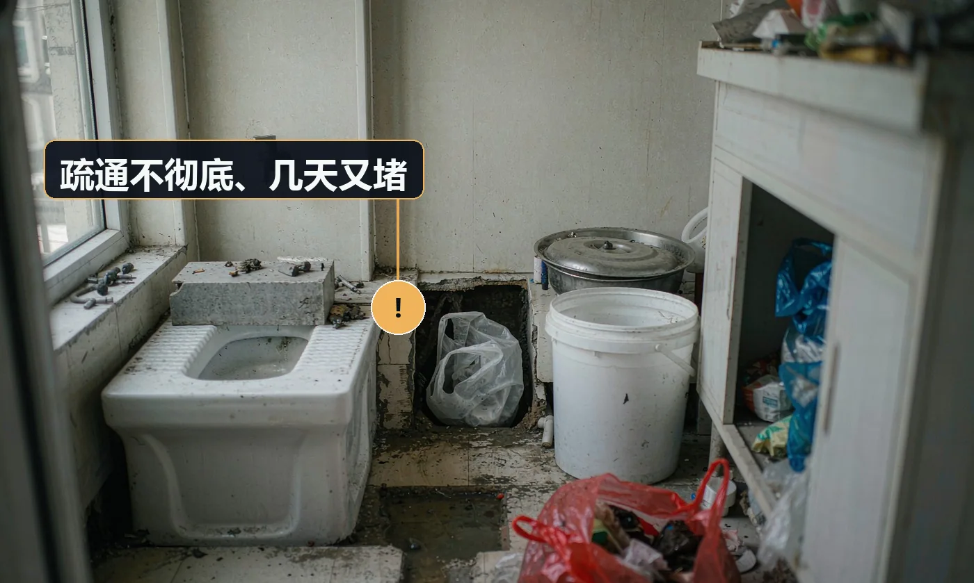 现象:当时通了,三天后水位又上来。原因:只打通表层,未清到存水弯与主管接口;未判断是否为结构性问题
