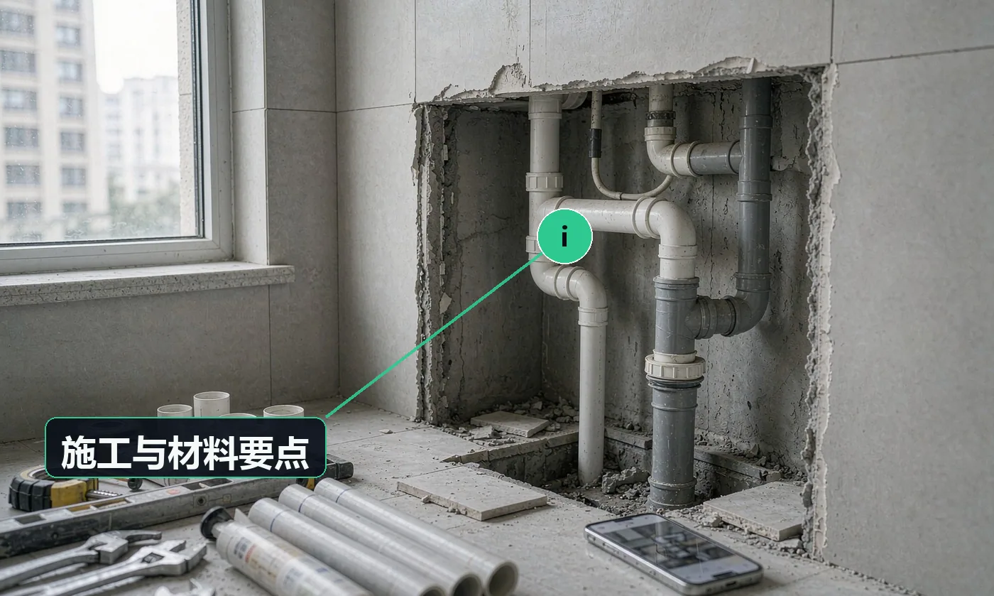 施工与材料要点:上门先检测、先报价,得到确认再动手——「拆开才发现要加钱」是投诉第一来源;涉及水电的维修必须拍照留证(维修前 / 维修后),既是交付凭证也是免责依据