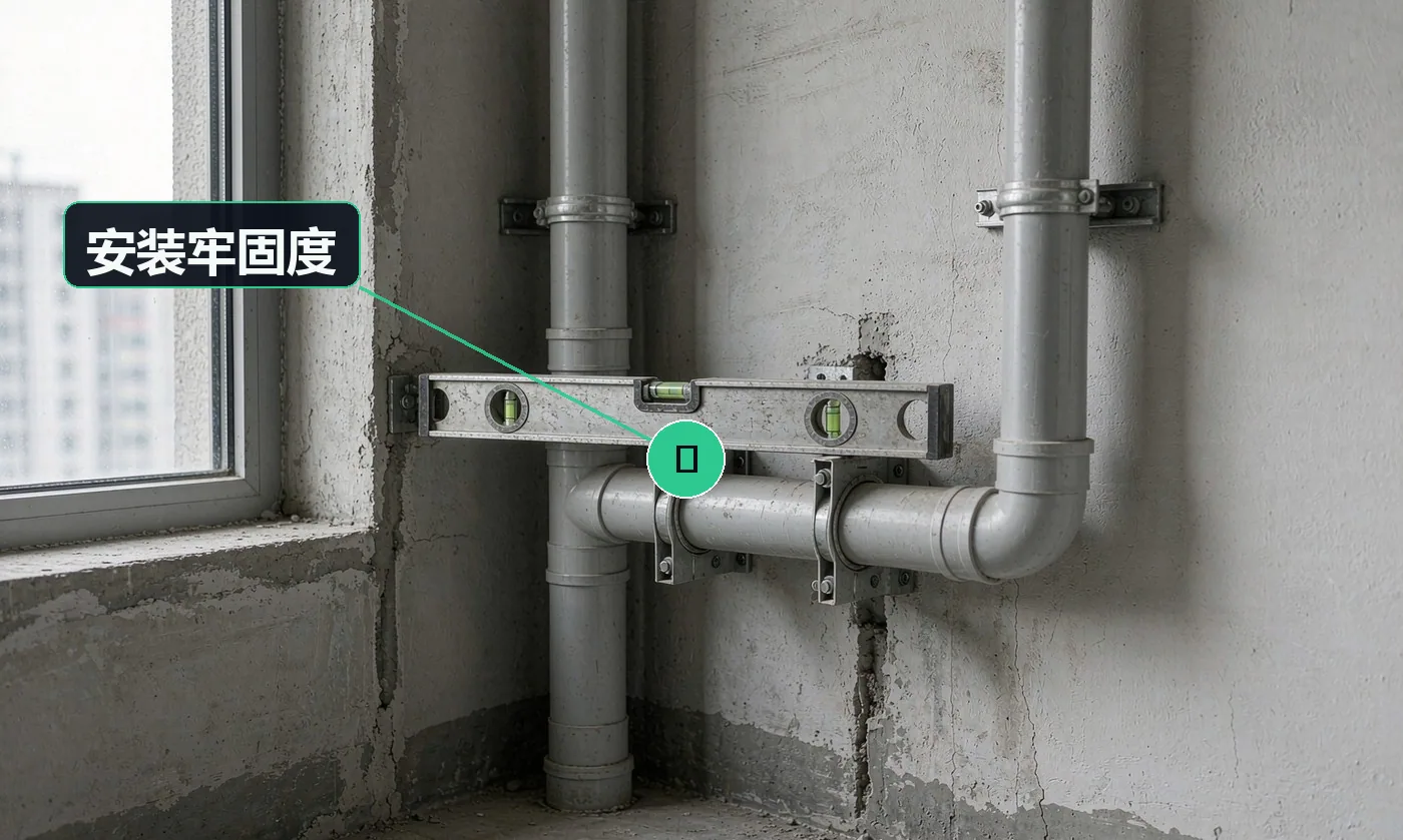 检查方式:水平尺 + 手扳检查。合格标准:灯具 / 挂件 / 洁具安装牢固,无松动、无倾斜,承重符合说明书要求