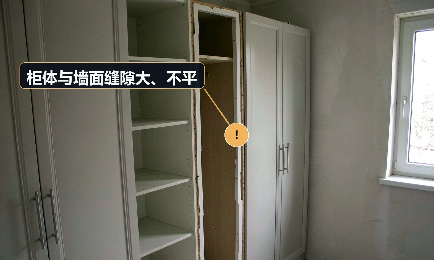 现象:柜子与墙之间有明显斜缝,越到顶越宽。原因:墙体不垂直、不方正;复尺时未测垂直度;未预留收口方案