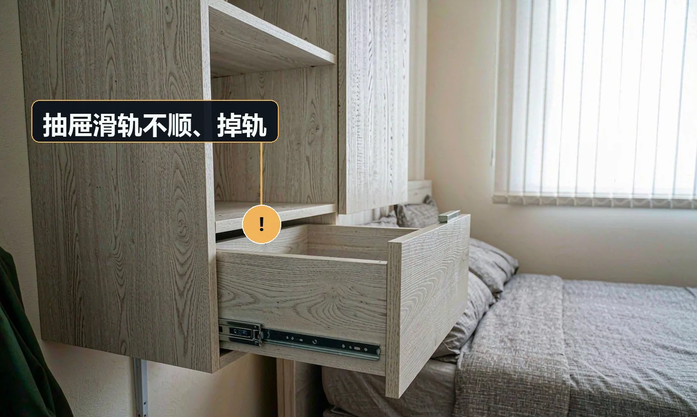 现象:抽屉拉出卡顿,或用力拉会整屉掉出来。原因:滑轨质量差;两侧滑轨不在同一水平;超载使用