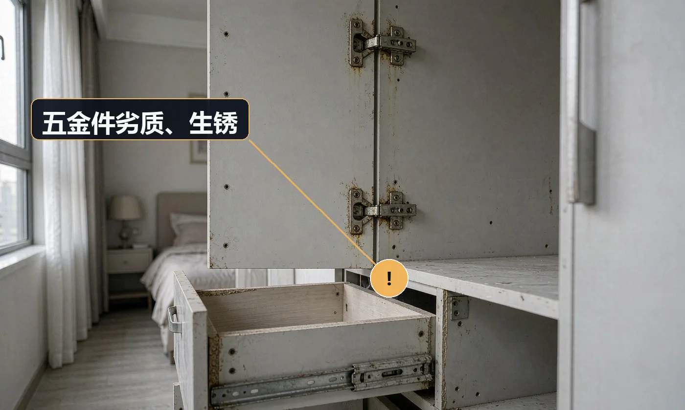 现象:使用一两年后铰链生锈、发涩、有异响。原因:使用非不锈钢五金;潮湿环境(卫生间相邻)未做防潮处理