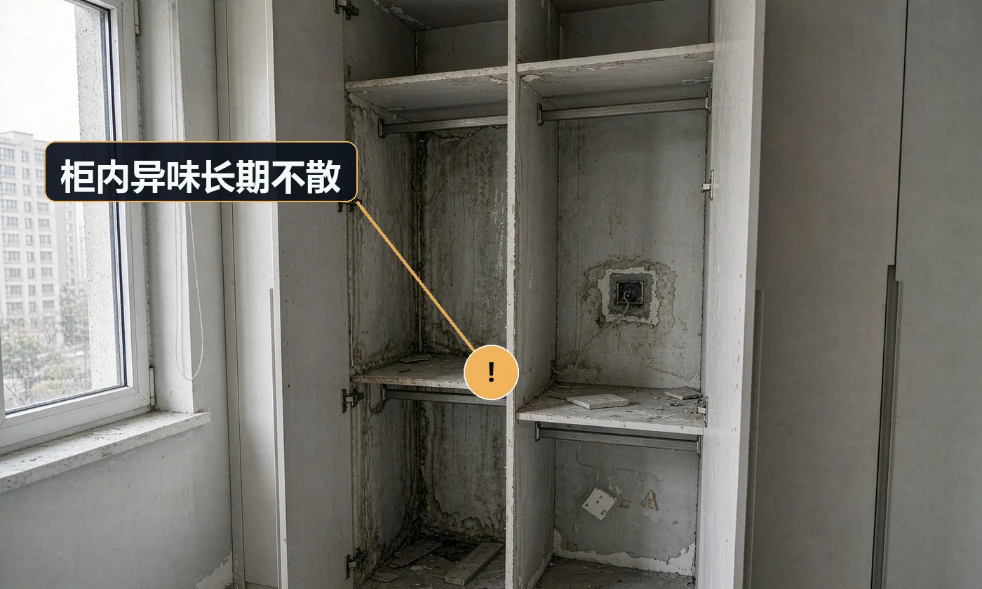 现象:柜门打开有刺鼻味,衣物放进去沾味。原因:板材与胶的释放周期长;封边不严;无通风设计
