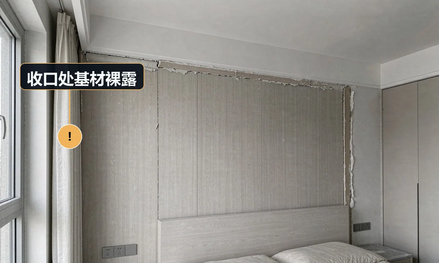 现象:现场切割的开孔、避让口露出内部刨花板。原因:现场切割后未补封边