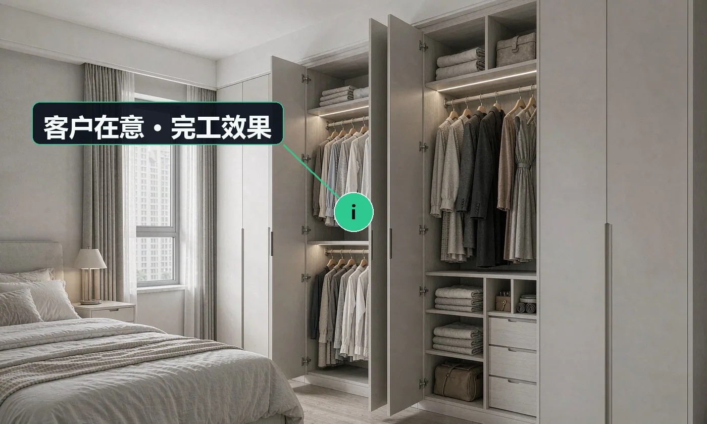 客户在意 · 完工效果:板材环保等级是什么,有没有味道、多久能住;收纳分区合不合理,挂衣服的地方够不够