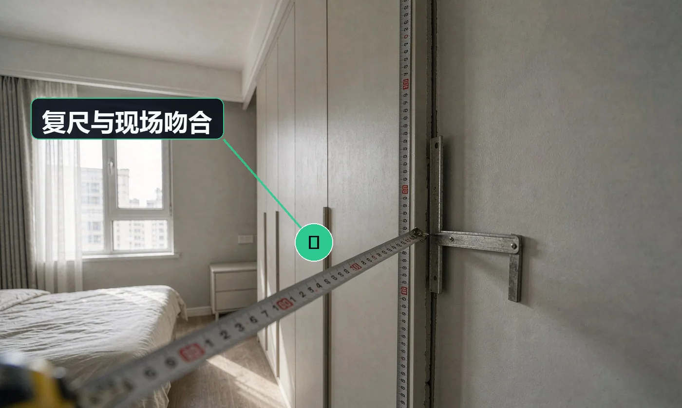 检查方式:钢卷尺 + 直角尺(宽 / 高 / 深 / 墙面垂直度)。合格标准:与复尺单一致;缝隙用同色收口条处理,不硬顶、不留大缝