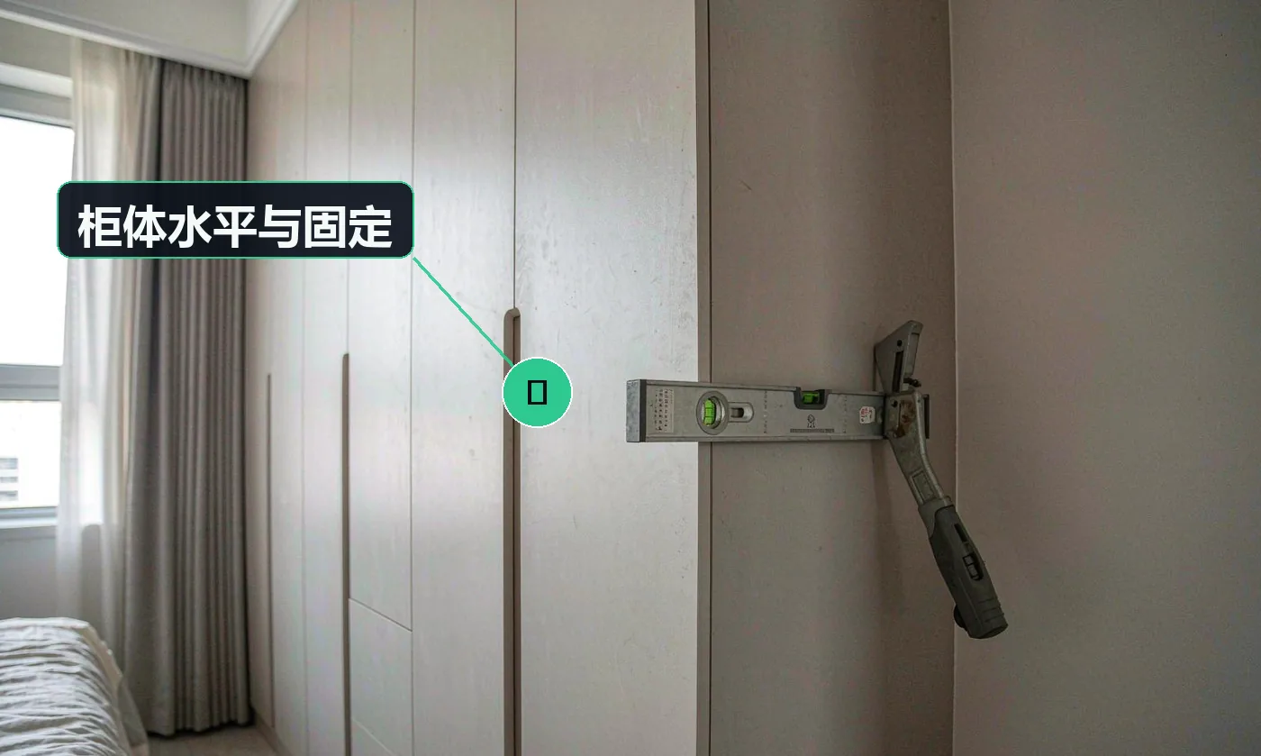 检查方式:水平尺 + 手扳检查。合格标准:柜体水平无晃动;高度 >600mm 柜体已上墙固定(防倾倒必检项)