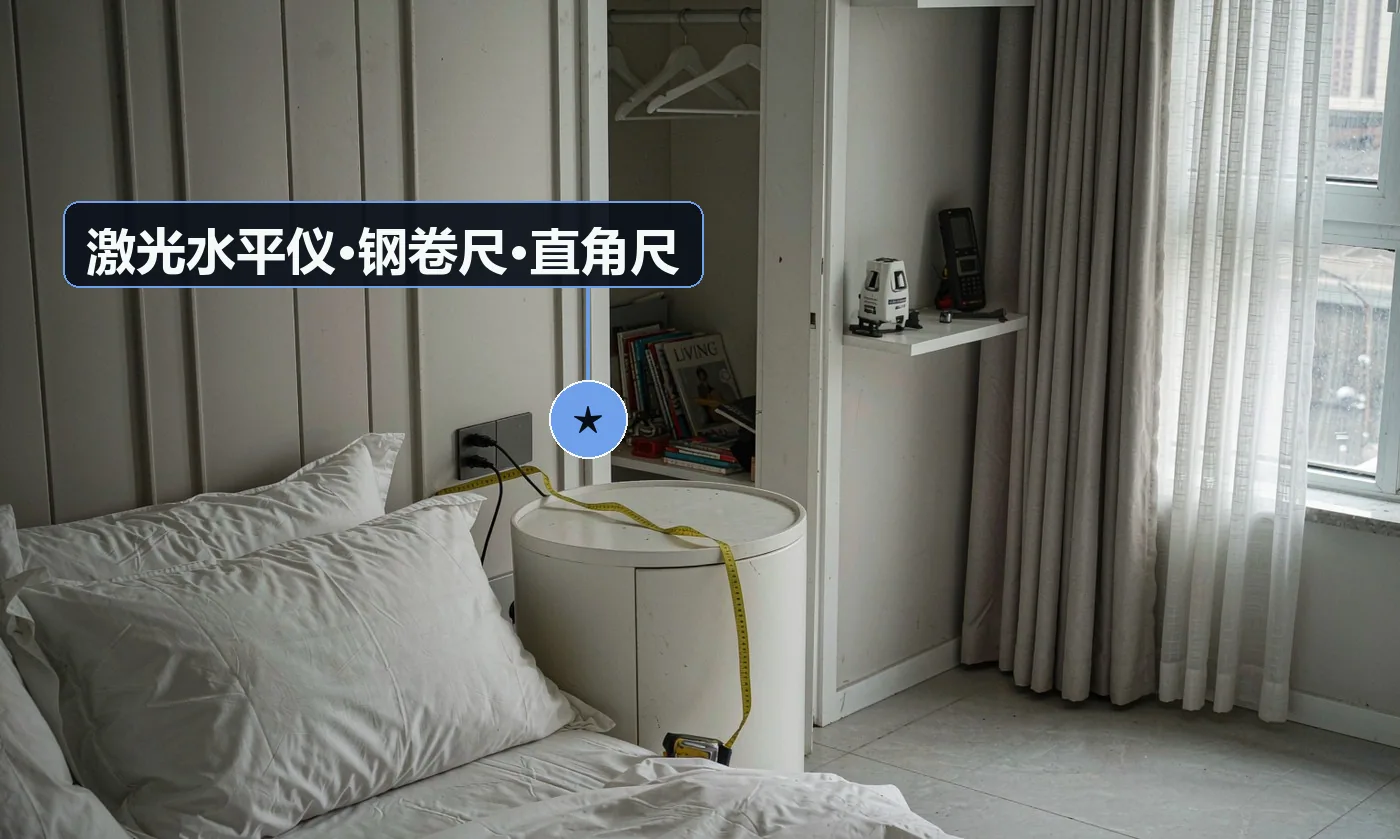 验收工具:激光水平仪;钢卷尺(复尺)