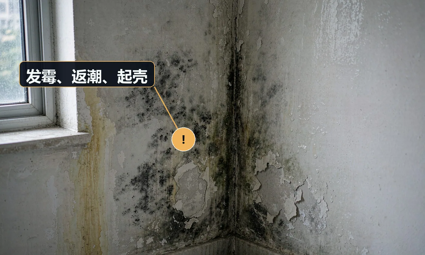 现象:墙角或踢脚线上方出现霉斑,漆层鼓起、一抠就掉。原因:墙体渗水或防潮缺失;未做封闭底漆;房间长期潮湿