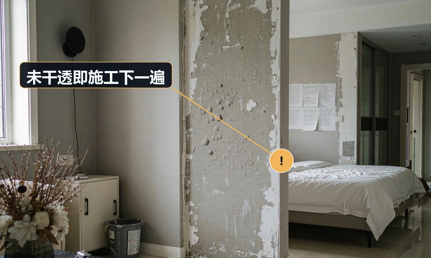 现象:表面发花、有暗斑,局部起皮。原因:赶工,上一遍未达干燥时间就继续