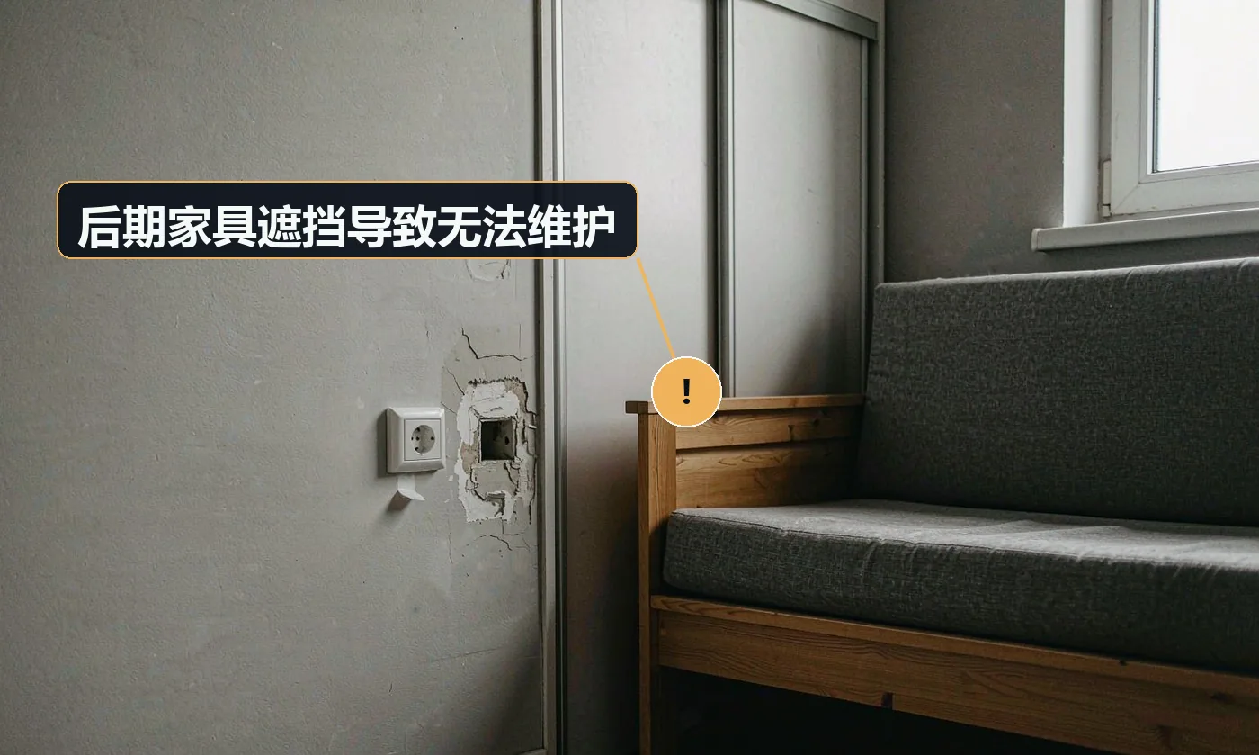 现象:柜子靠墙后,被遮挡区域出问题无法处理。原因:未在施工前确认家具定位