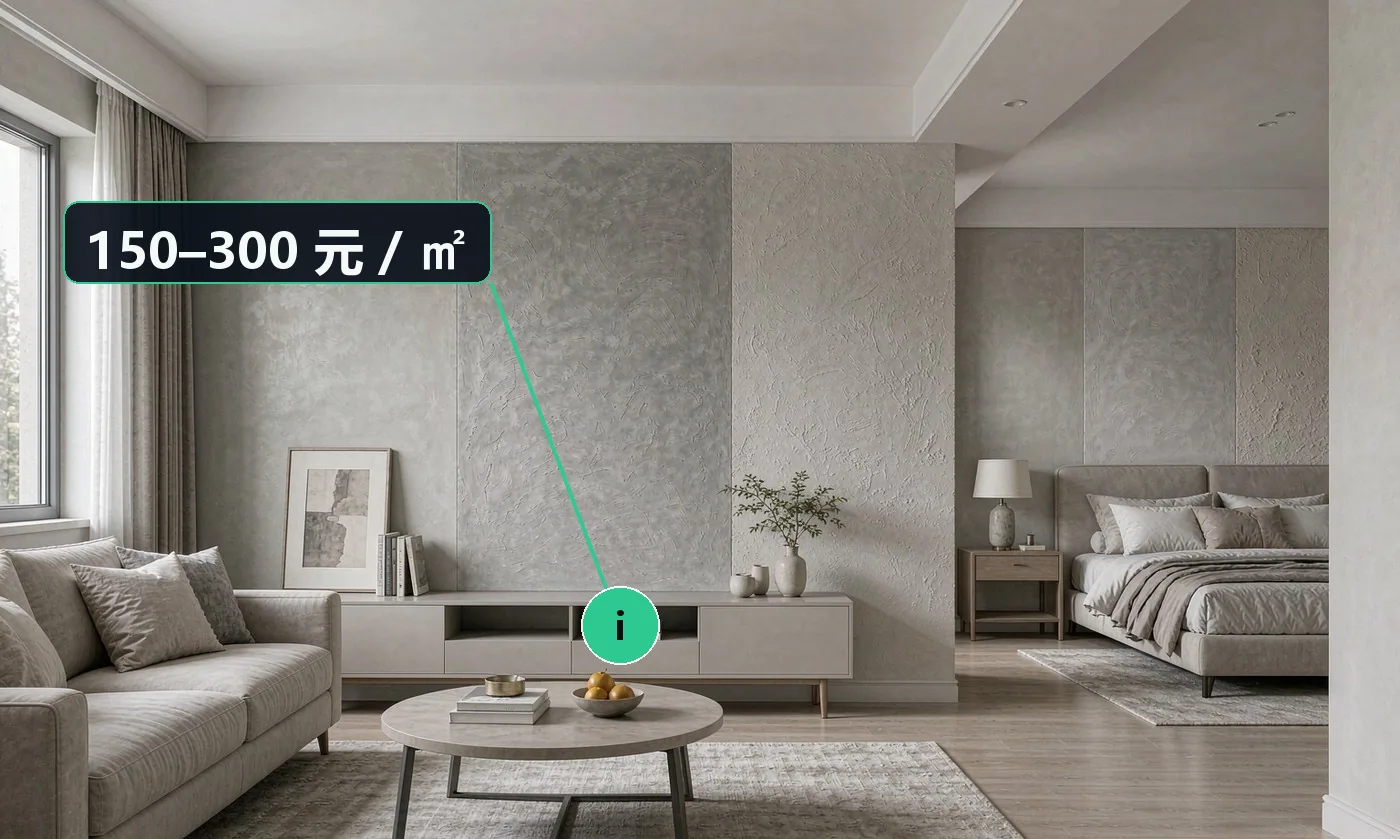 价格区间:微水泥 150–300 元 / ㎡;肌理漆 120–260 元 / ㎡;硅藻泥 80–200 元 / ㎡;特殊肌理与进口料可到 300 元 +