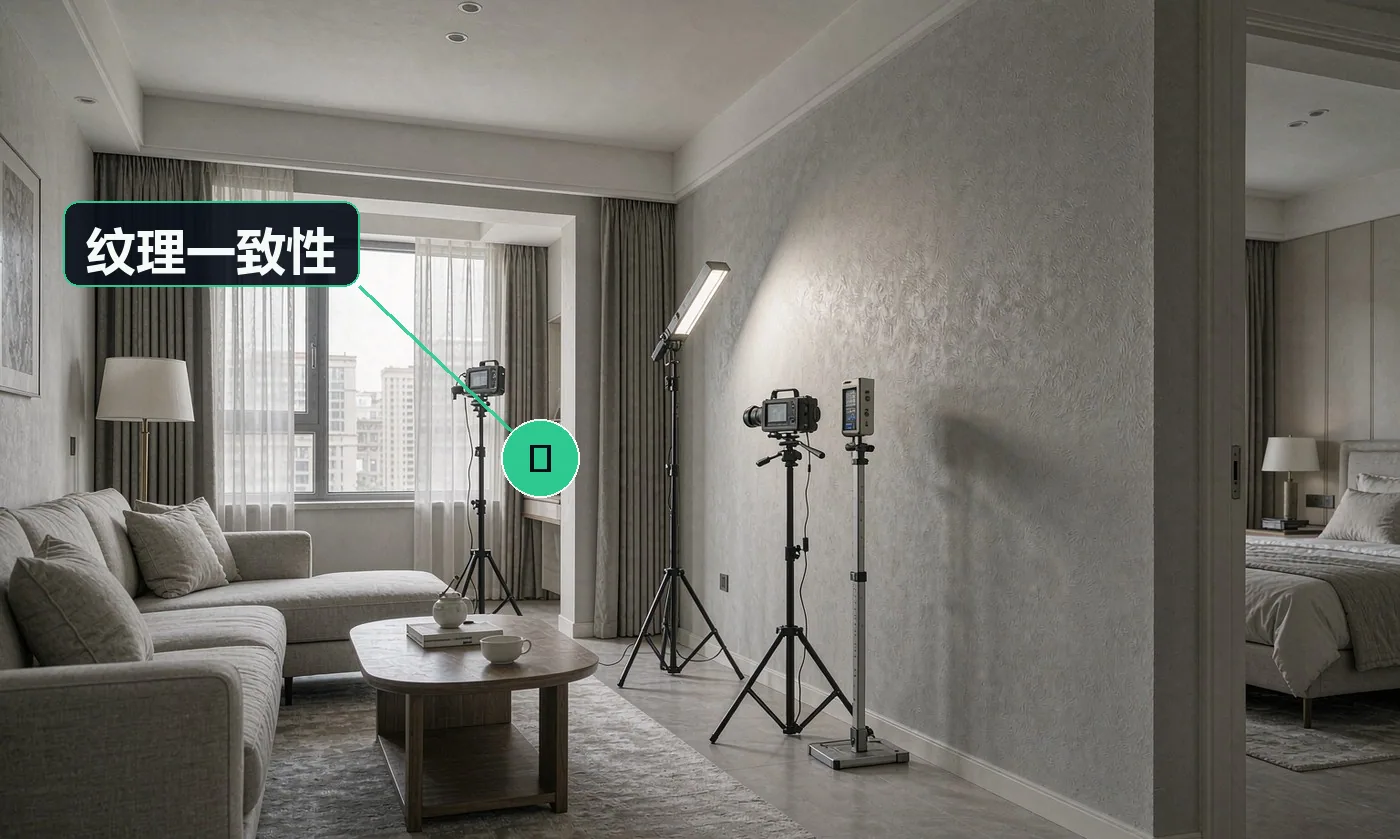 检查方式:侧光灯 + 距离 1.5m 正视目视。合格标准:花型走向一致、无接痕、无漏涂;同一墙面由同一师傅完成